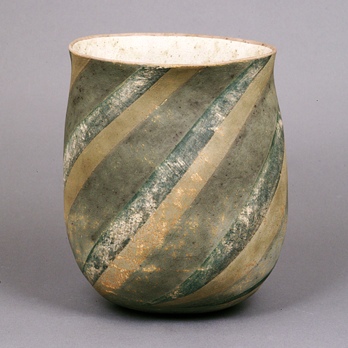 A grey and green stoneware asymmetrical pot made by Elizabeth Fritsch in 1974 sold at auction by Maak Contemporary Ceramics