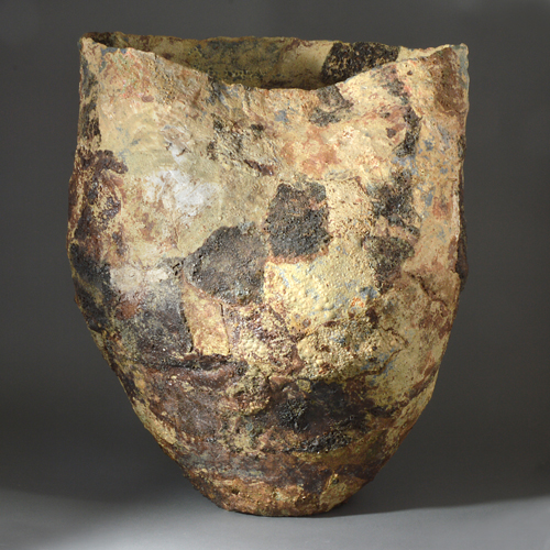 A green, brown and cream mixed laminated clay vessel made by Ewen Henderson in circa 1988 sold at auction by Maak Contemporary Ceramics
