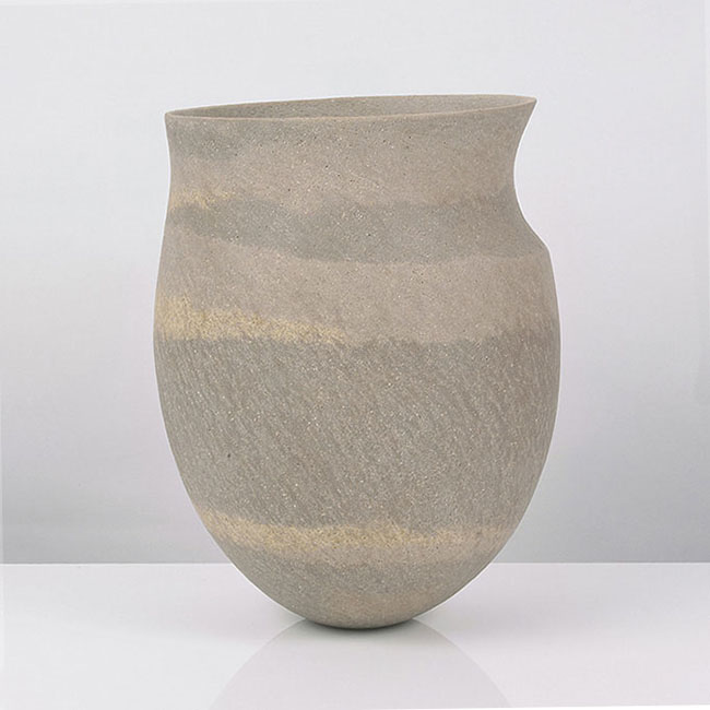 A cream and grey banded stoneware vessel made by Jennifer Lee in circa 1987 sold at auction by Maak Contemporary Ceramics