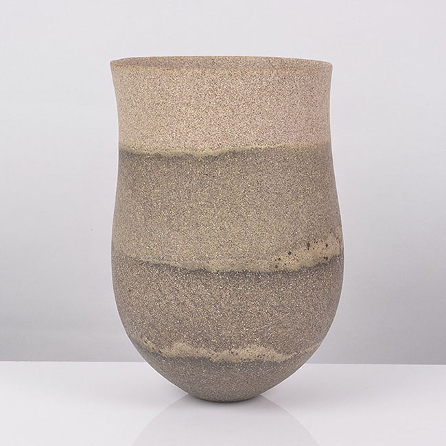 A brown, green and grey banded stoneware pot made by Jennifer Lee in 1997 sold at auction by Maak Contemporary Ceramics