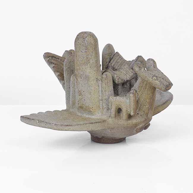 A green stoneware Phoenix with Village made by Ian Godfrey in circa 1978 sold at auction by Maak Contemporary Ceramics