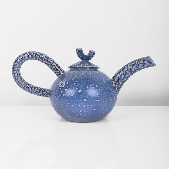 A blue saltglaze stoneware 'Macaroni' teapot made by Walter Keeler in circa 1989 sold at auction by Maak Contemporary Ceramics