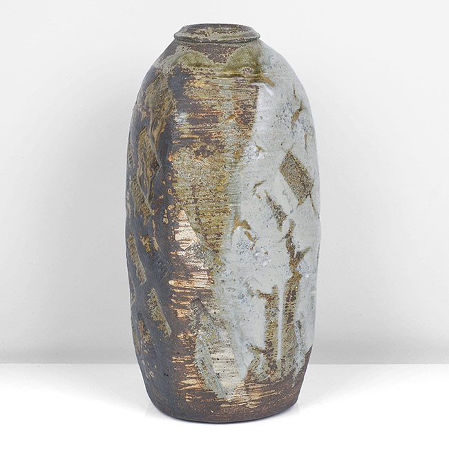 A brown and green stoneware bottle vase made by Janet Leach sold at auction by Maak Contemporary Ceramics