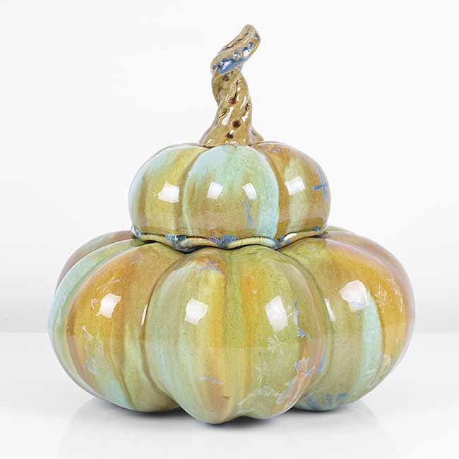 A green, yellow and blue stoneware 'Lidded Pumpkin Pot' made by Kate Malone sold at auction by Maak Contemporary Ceramics
