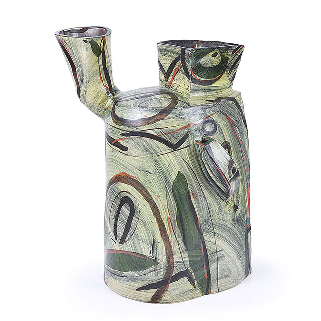 A green stoneware abstracted jug form made by Alison Britton in 1998 sold at auction by Maak Contemporary Ceramics