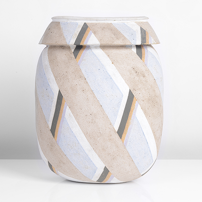 A pale blue, pale brown, white, black and ochre stoneware vessel made by Elizabeth Fritsch in circa 1980 sold at auction by Maak Contemporary Ceramics