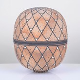 An ochre, black and white stoneware lidded box made by Beate Anderson in 1993 sold at auction by Maak Contemporary Ceramics