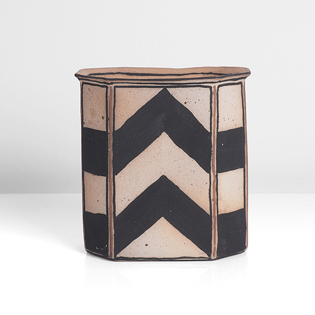 A black and ochre stoneware pot made by Beate Anderson in 2006 sold at auction by Maak Contemporary Ceramics