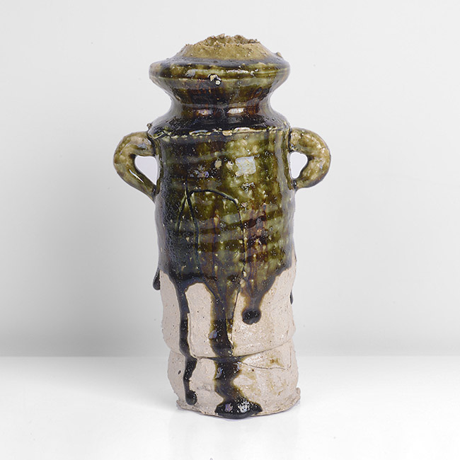 A green splashed stoneware 'Oribe' style Flower Vase made by Koie Ryoji sold at auction by Maak Contemporary Ceramics
