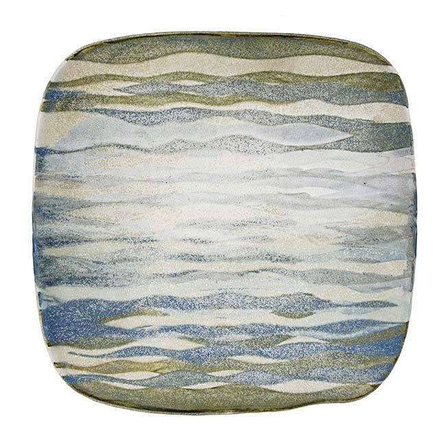 A green, blue and cream stoneware square dish made by Eileen Lewenstein in circa 1984 sold at auction by Maak Contemporary Ceramics