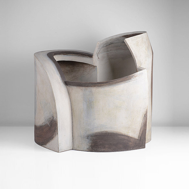 A cream and grey earthenware sculptural vessel made by Ken Eastman in 1990 sold at auction by Maak Contemporary Ceramics