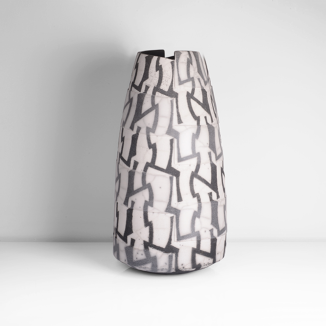 A black and white raku vessel made by David Roberts in 2015 sold at auction by Maak Contemporary Ceramics