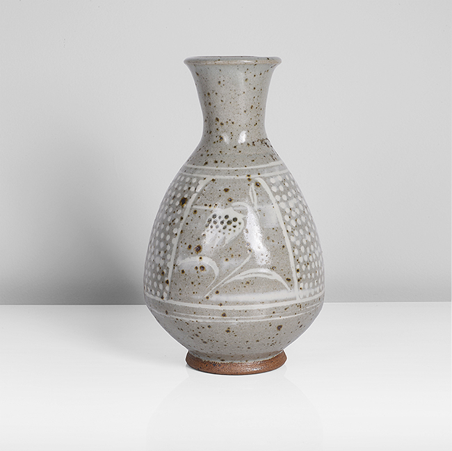 A grey stoneware 'fritillary' vase made by Bernard Leach in 1965 sold at auction by Maak Contemporary Ceramics
