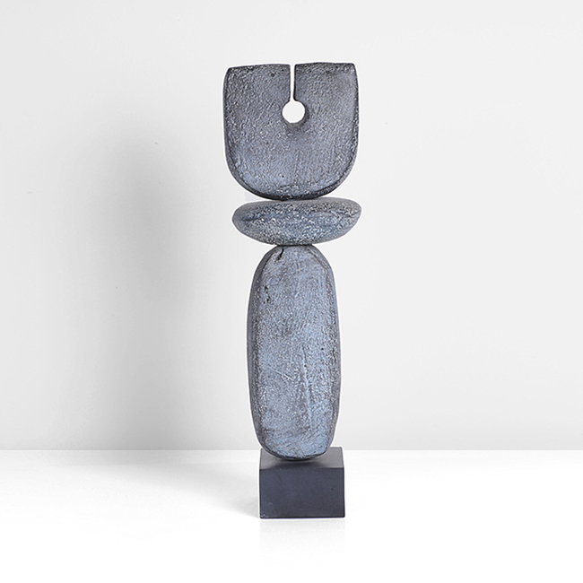 A grey and blue raku stacked sculptural form made by Peter Hayes in 2001 sold at auction by Maak Contemporary Ceramics