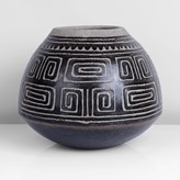 A dark brown and cream stoneware pot made by Helen Pincombe in circa 1958 sold at auction by Maak Contemporary Ceramics
