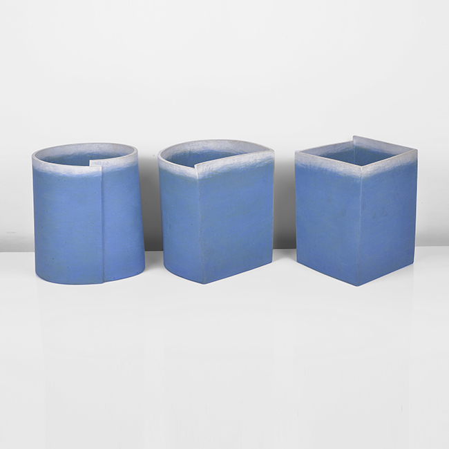 Three blue earthenware vessels made by Ken Eastman in 2002 sold at auction by Maak Contemporary Ceramics