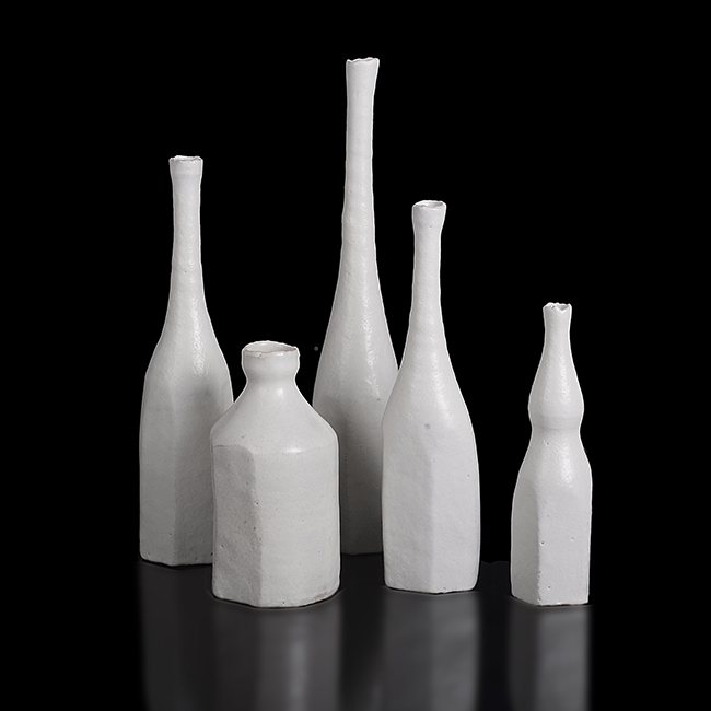Five white stoneware morandi bottles made by Akiko Hirai sold at auction by Maak Contemporary Ceramics