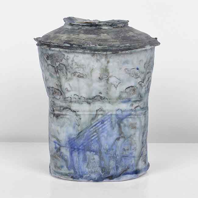 A blue porcelain squashed pot made by Dan Kelly in circa 1990 sold at auction by Maak Contemporary Ceramics