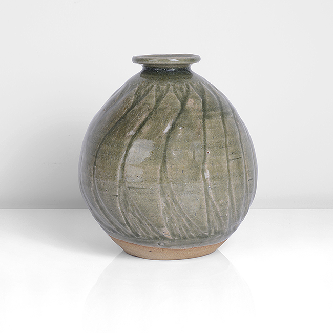 A green stoneware 'flame pot' made by Katharine Pleydell-Bouverie in circa 1965 sold at auction by Maak Contemporary Ceramics