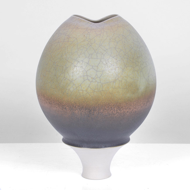 A purple, green and orange porcelain pod form made by Geoffrey Swindell in 1978 sold at auction by Maak Contemporary Ceramics