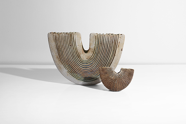 Two stoneware crescent forms made by Alan Wallwork sold at auction by Maak Contemporary Ceramics