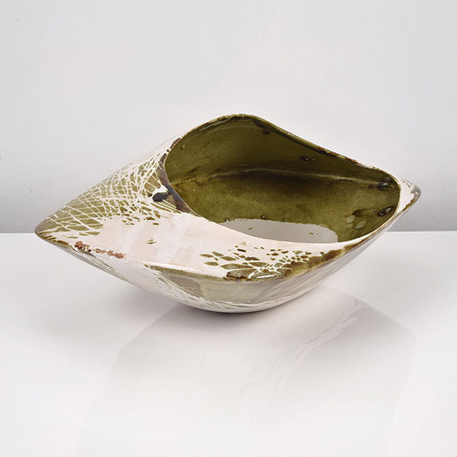 A green and white tin glaze earthenware 'Clam Shell' Form made by James Tower in 1954 offered for sale at Maak Contemporary Ceramics