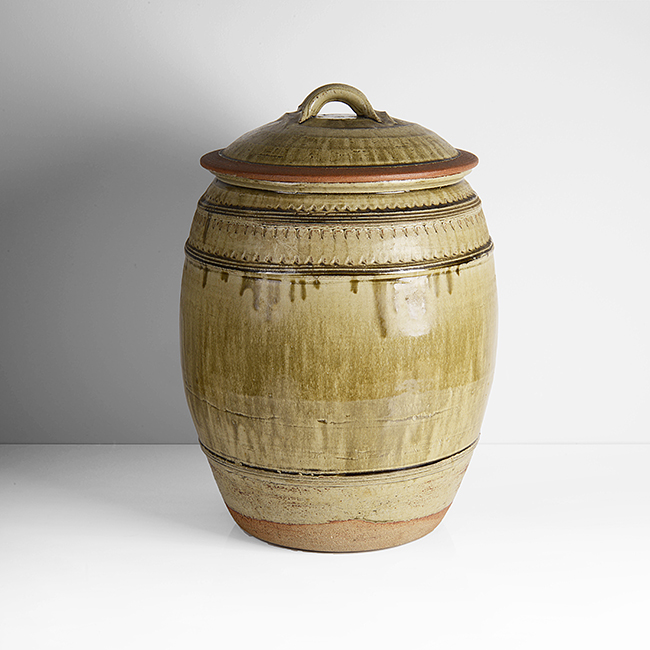 A green ash stoneware monumental lidded vessel made by Richard Batterham sold at auction by Maak Contemporary Ceramics